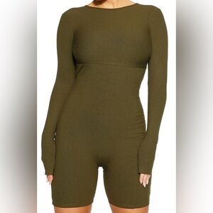 Olive Green Long Sleeve Ribbed Romper